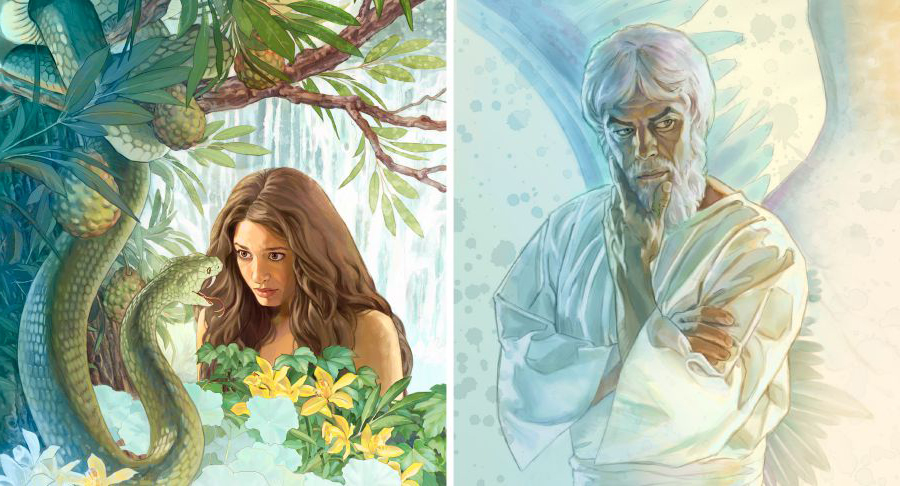 بُرا فرشتہ یعنی شیطان ایک سانپ کے ذریعے حوا سے بات کر رہا ہے۔‏