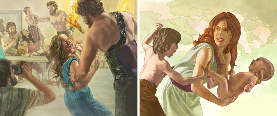 ایک عورت نے ایک بچہ پکڑا ہوا ہے اور ایک لڑکا اُس عورت کو مار رہا ہے؛ بُرے فرشتوں کی اولاد لوگوں پر ظلم ڈھا رہی ہے۔‏