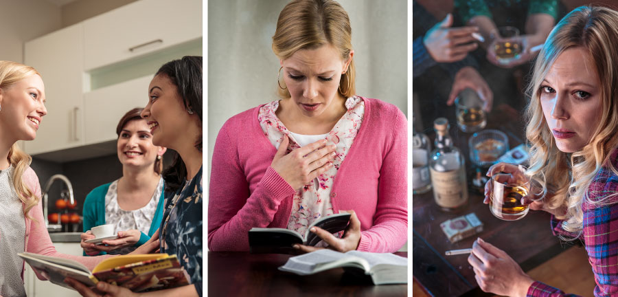 ایک عورت شراب اور سگریٹ پی رہی ہے جس کی وجہ سے اُس کا ضمیر اُسے ملامت کر رہا ہے؛ بائبل کورس کرنے کے بعد وہ ایسے لوگوں کے ساتھ وقت گزار رہی ہے جو اُس پر اچھا اثر ڈال رہے ہیں۔‏