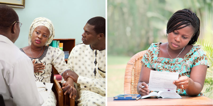 ایک بہن دستاویز ”‏خون سے میرے علاج کے سلسلے میں پیشگی ہدایات“‏ پُر کر رہی ہے اور بعد میں اپنے ڈاکٹر سے بات کر رہی ہے۔‏