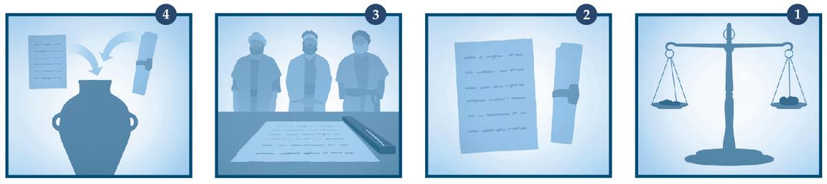 یرمیاہ نبی کھیت خریدنے کے لیے چاندی تولتے ہیں، اِس کے بارے میں ایک دستاویز بناتے ہیں، اِس پر گواہوں کے دستخط کراتے ہیں اور پھر اِسے مٹی کے برتن میں محفوظ کر لیتے ہیں۔‏