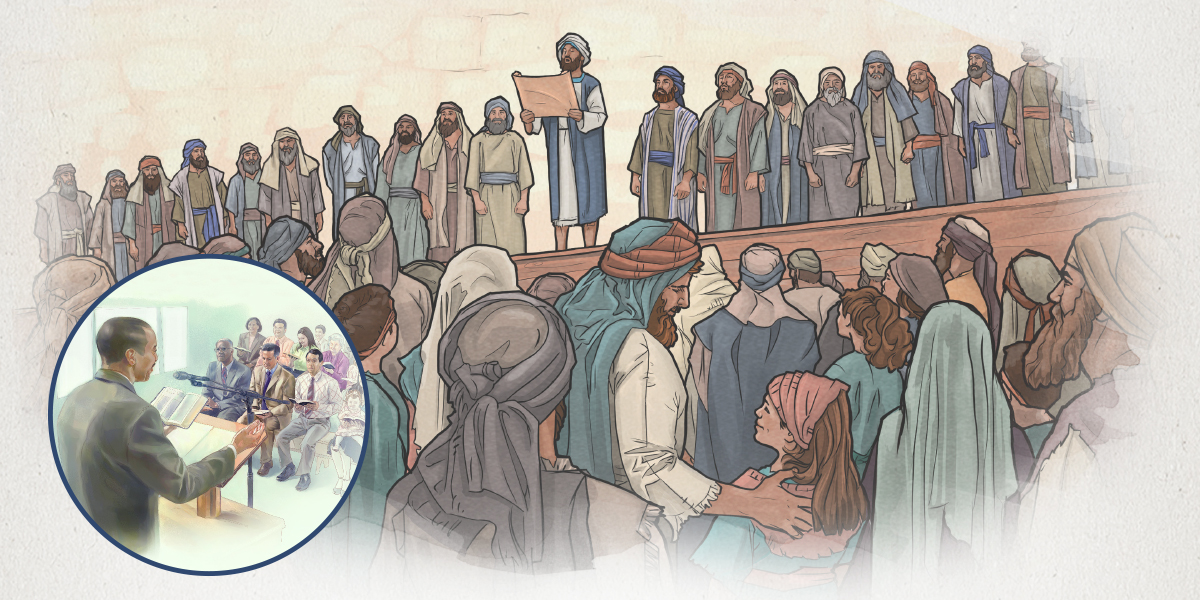 ایک کاہن بنی‌اِسرائیل کو شریعت کی تعلیم دے رہا ہے اور ایک بزرگ اِجلاس پر کلیسیا کو بائبل میں سے تعلیم دے رہا ہے۔‏