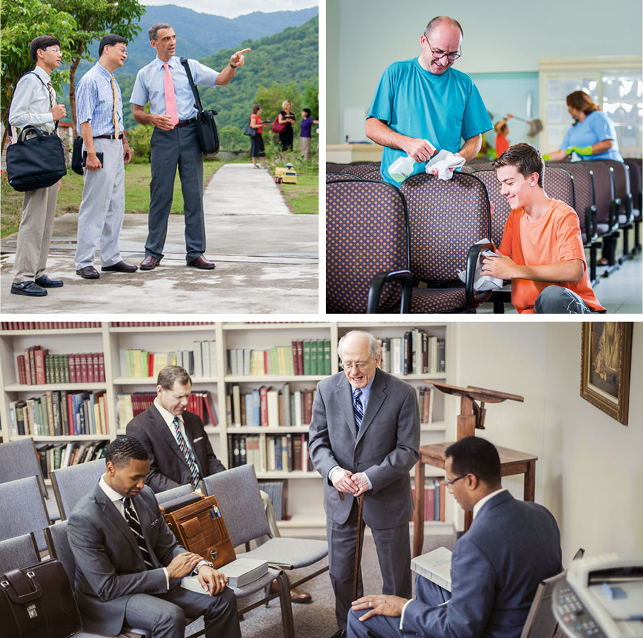 تصویروں کا مجموعہ:‏ وہ آدمی کلیسیا کے کاموں میں پیشوائی کر رہے ہیں جنہیں اِس کے لیے مقرر کِیا گیا ہے۔ 1.‏ ایک بزرگ اور ایک نوجوان بھائی عبادت‌گاہ میں کُرسیاں صاف کر رہے ہیں۔ 2.‏ ایک بزرگ گھر گھر مُنادی کے دوران بہن بھائیوں کی پیشوائی کر رہا ہے۔ 3.‏ ایک بزرگ بزرگوں کے اِجلاس میں دُعا کر رہا ہے۔‏