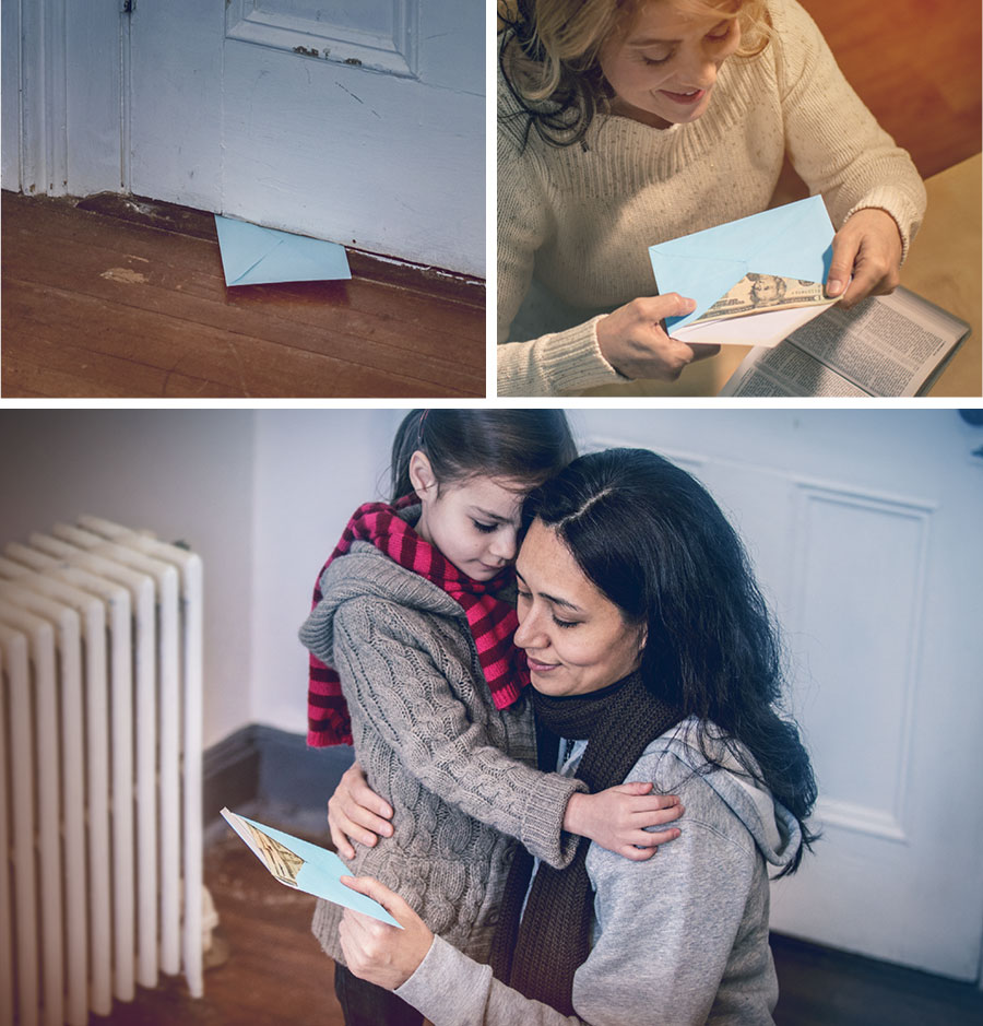 تصویروں کا مجموعہ:‏ یہوواہ اپنے بندوں کی بنیادی ضرورتیں پوری کر رہا ہے۔ 1.‏ ایک بہن لفافے میں پیسے ڈال رہی ہے۔ 2.‏ دروازے کے نیچے لفافہ پڑا ہے۔ 3.‏ ایک ماں جو اکیلے اپنے بچوں کو پال رہی ہے، اپنی بیٹی کو گلے لگا کر لفافے میں رکھے پیسوں کو دیکھ رہی ہے۔‏