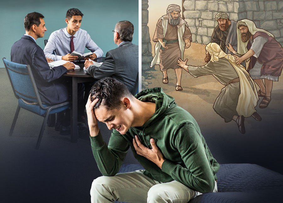 ایک نوجوان شدید پریشان ہے۔ تصویروں کا مجموعہ:‏ یہوواہ سے معافی حاصل کرنا۔ 1.‏ ایک اِسرائیلی جس سے انجانے میں کسی کا قتل ہو گیا ہے، پناہ کے شہر کے دروازے پر بزرگوں کو سارا معاملہ بتا رہا ہے۔ 2.‏ پہلی تصویر میں دِکھایا گیا نوجوان جس نے اپنے گُناہ سے توبہ کرلی ہے، دو بزرگوں سے بات کر رہا ہے۔‏