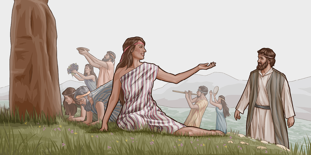 ایک کنعانی عورت ایک اِسرائیلی آدمی کو کہہ رہی ہے کہ وہ اُس کے ساتھ مل کر بُت کو سجدہ کرے اور پیچھے بہت سے لوگ بُت‌پرستی کے کام کر رہے ہیں۔‏