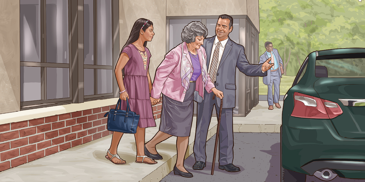 اِجلاس کے بعد ایک بھائی ایک بوڑھی بہن کو گاڑی تک لے جا رہا ہے جس کے ساتھ ایک نوجوان بہن بھی ہے۔‏