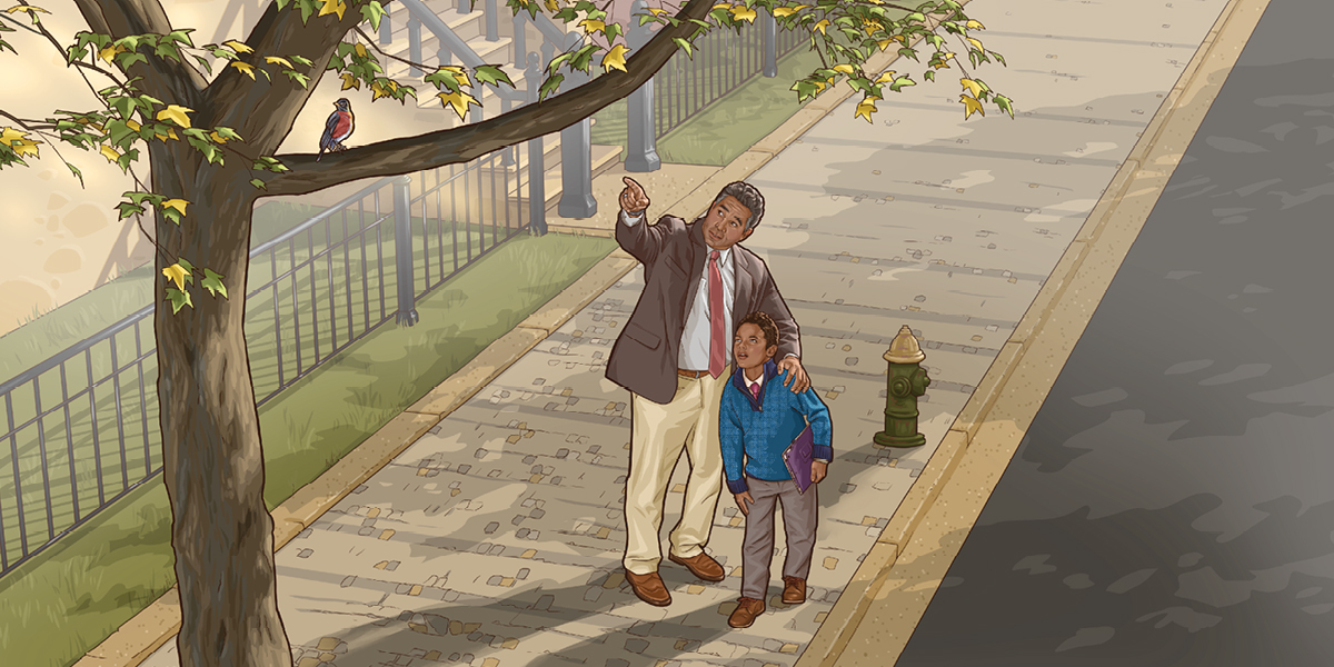 ایک باپ بیٹا گھر گھر مُنادی کر رہے ہیں اور راستے میں باپ اپنے بیٹے کو ایک پرندہ دِکھا رہا ہے جو درخت پر بیٹھا ہے۔‏