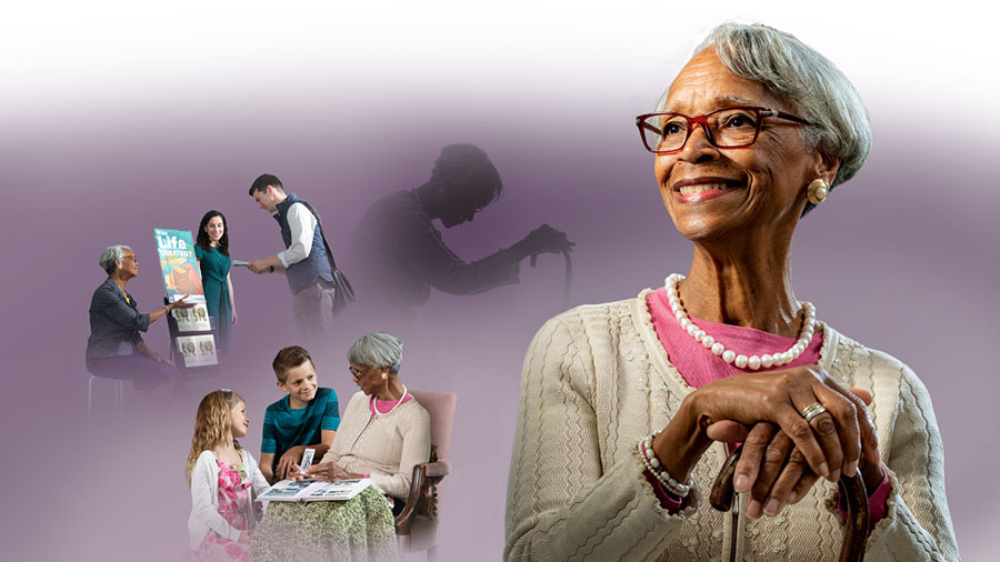 تصویروں کا مجموعہ:‏ ایک بہن بڑھاپے کے باوجود لگن سے یہوواہ کی خدمت کر رہی ہے۔ 1.‏ اُس نے لاٹھی پکڑی ہوئی ہے اور بیٹھ کر دُعا کر رہی ہے۔ 2.‏ وہ ایک جوان بہن کے ساتھ عوامی جگہ پر گواہی دے رہی ہے۔ 3.‏ وہ اپنی کلیسیا کے کچھ بچوں کو ایلبم میں سے تصویریں دِکھا رہی ہے۔ 4.‏ وہ پُراِعتماد ہو کر مسکرا رہی ہے۔‏