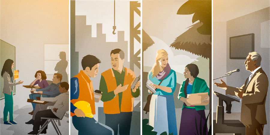 ایک بھائی تقریر کر رہا ہے؛ ایک بہن مُنادی کر رہی ہے؛ ایک بھائی کام کی جگہ پر گواہی دے رہا ہے;;ایک نوجوان بہن اپنی کلاس میں تقریر کر رہی ہے۔‏