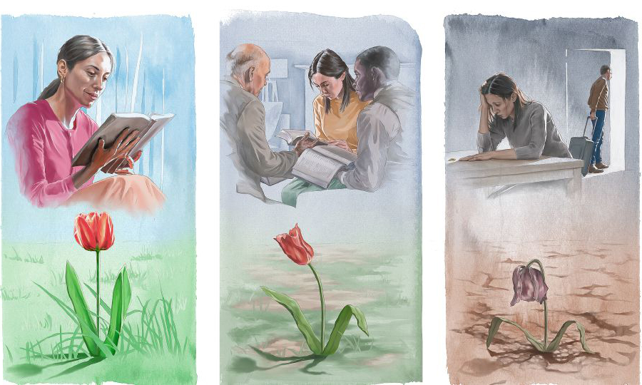 ایک بہن کا شوہر اُسے چھوڑ کر جا رہا ہے اور وہ جذباتی طور پر ٹوٹ گئی ہے؛ بزرگ اُس بہن سے ملنے آئے ہیں؛ اُسے پاک کلام کو پڑھنے سے تسلی مل رہی ہے۔‏