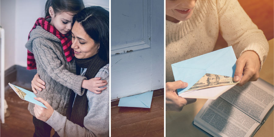 ایک بہن ایک ضرورت‌مند بہن کو دینے کے لیے لفافے میں پیسے ڈال رہی ہے۔‏