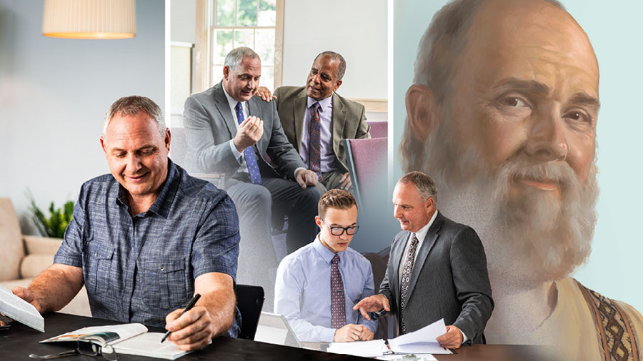 تصویروں کا مجموعہ:‏ 1.‏ پولُس رسول مسکرا رہے ہیں اور اُن کے چہرے پر اِطمینان ہے۔ 2.‏ ایک بزرگ اپنے سے کم‌عمر بزرگ کو کلیسیا میں مزید ذمے‌داریاں نبھانے کے لیے تربیت دے رہا ہے۔ 3.‏ اُسی بزرگ کو ایک اَور بزرگ تسلی دے رہا ہے۔ 4.‏ وہ بزرگ خوشی سے ہماری کسی کتاب کی مدد سے بائبل کا مطالعہ کر رہا ہے۔‏