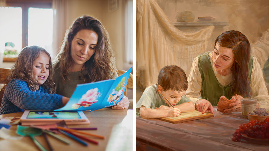 تصویروں کا مجموعہ:‏ 1.‏ مریم، یسوع کے بچپن میں اُنہیں تختی پر پاک صحیفوں کی ایک آیت لکھوا رہی ہیں۔ 2.‏ایک ماں ایک کتاب سے اپنی بیٹی کو خدا کے بارے میں سکھا رہی ہے جو خاص بچوں کے لیے تیار کی گئی ہے۔‏