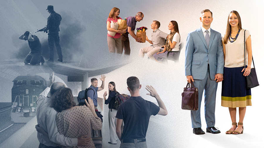 ایک شادی‌شُدہ جوڑا جو بھائی ڈینی‌ایلو اور اُن کی بیوی کی تصویرکشی کر رہا ہے، کھڑا ہے اور مسکرا رہا ہے۔ تصویروں کا مجموعہ:‏ 1.‏ بھائی ڈینی‌ایلو اپنے سر کے پیچھے ہاتھ رکھے گُھٹنوں کے بل بیٹھے ہیں اور ایک فوجی نے اُن پر بندوق تانی ہے۔ 2.‏ بھائی ڈینی‌ایلو اور اُن کی بیوی ٹرین سٹیشن پر ہیں اور ہاتھ ہلا کر کچھ بہن بھائیوں کو خدا حافظ کہہ رہے ہیں۔ 3.‏ ایک بہن اور ایک بھائی اُنہیں کھانے پینے کی اشیا اور کچھ ضروری چیزیں دے رہے ہیں۔‏