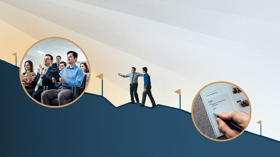 ایک بھائی اور بائبل کورس کرنے والا ایک شخص ایک پہاڑ پر چڑھ رہے ہیں۔ راستے میں اُن کی رہنمائی کرنے والے کچھ نشان لگے ہوئے ہیں۔ تصویروں کا مجموعہ:‏ 1.‏ بائبل کورس کرنے والا شخص اپنی ذاتی کتاب ”‏اب اور ہمیشہ تک خوشیوں بھری زندگی!‏“‏ میں لکھ رہا ہے کہ اُس نے اپنے لیے کون سے منصوبے بنائے ہیں۔ 2.‏ وہ یہوواہ کے گواہوں کی عبادت پر گیا ہوا ہے۔‏