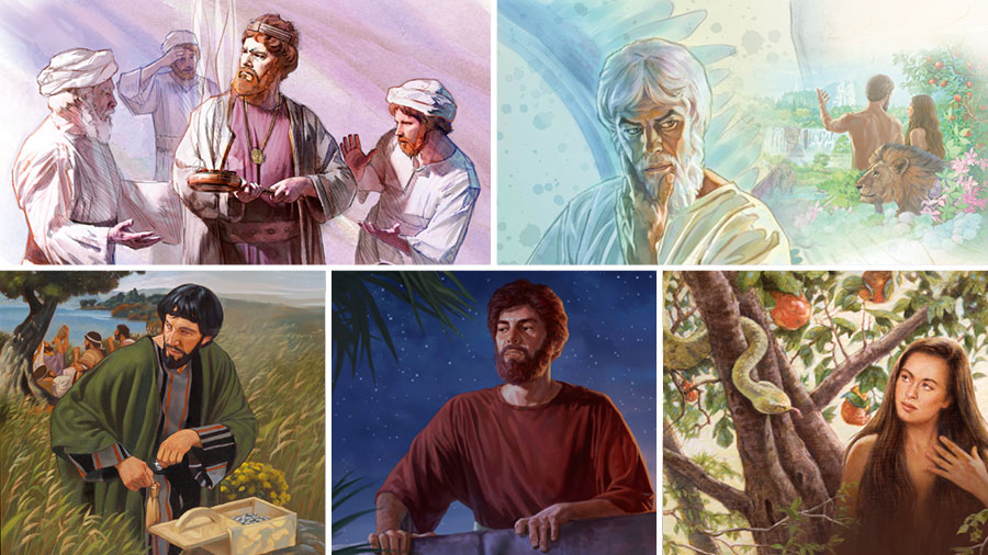 تصویروں کا مجموعہ:‏ غرور اور لالچ کی مثالیں:‏ شیطان، بادشاہ عُزیاہ، حوا، بادشاہ داؤد اور یہوداہ اِسکریوتی۔ اِن کا ذکر پیراگراف 4، 7، 9، 10 اور 12 میں بار بار کِیا گیا ہے۔‏