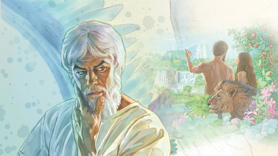 شیطان باغِ‌عدن میں آدم اور حوا کو دیکھ رہا ہے جو وہاں بڑی خوشیوں بھری زندگی گزار رہے ہیں۔‏