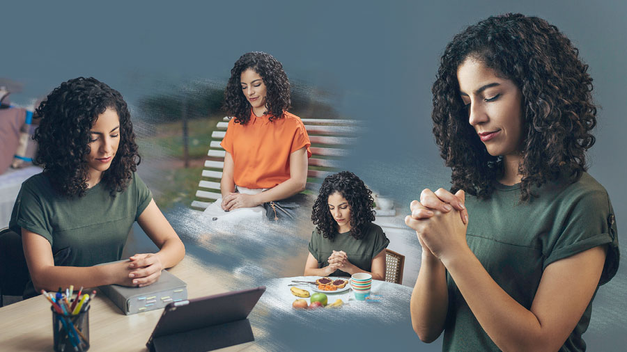 تصویروں کا مجموعہ:‏ پورے دن کے دوران ایک بہن مختلف اوقات میں خدا سے دُعا کر رہی ہے۔ (‏1)‏ کھانے سے پہلے (‏2)‏ پارک میں ایک بینچ پر بیٹھے ہوئے (‏3)‏ بائبل کا مطالعہ کرنے سے پہلے