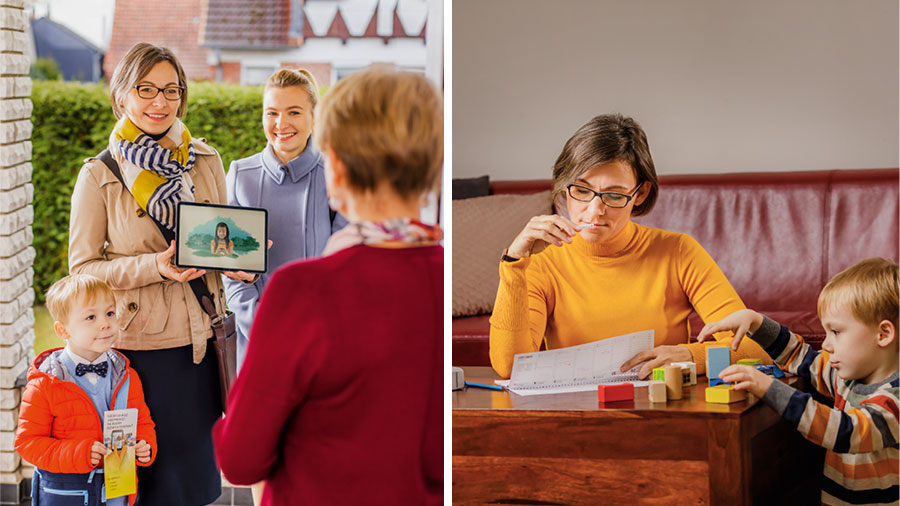 تصویروں کا مجموعہ:‏ 1.‏ ایک بہن کیلنڈر دیکھ رہی ہے۔ قریب ہی اُس کا بیٹا کھیل رہا ہے۔2.‏ ایک بہن دوسری بہن کے ساتھ مُنادی کر رہی ہے اور وہ ایک عورت کو ویڈیو دِکھا رہی ہے۔ اُس کے بیٹے نے اپنے ہاتھ میں بائبل پر مبنی ایک پرچہ پکڑا ہوا ہے۔‏