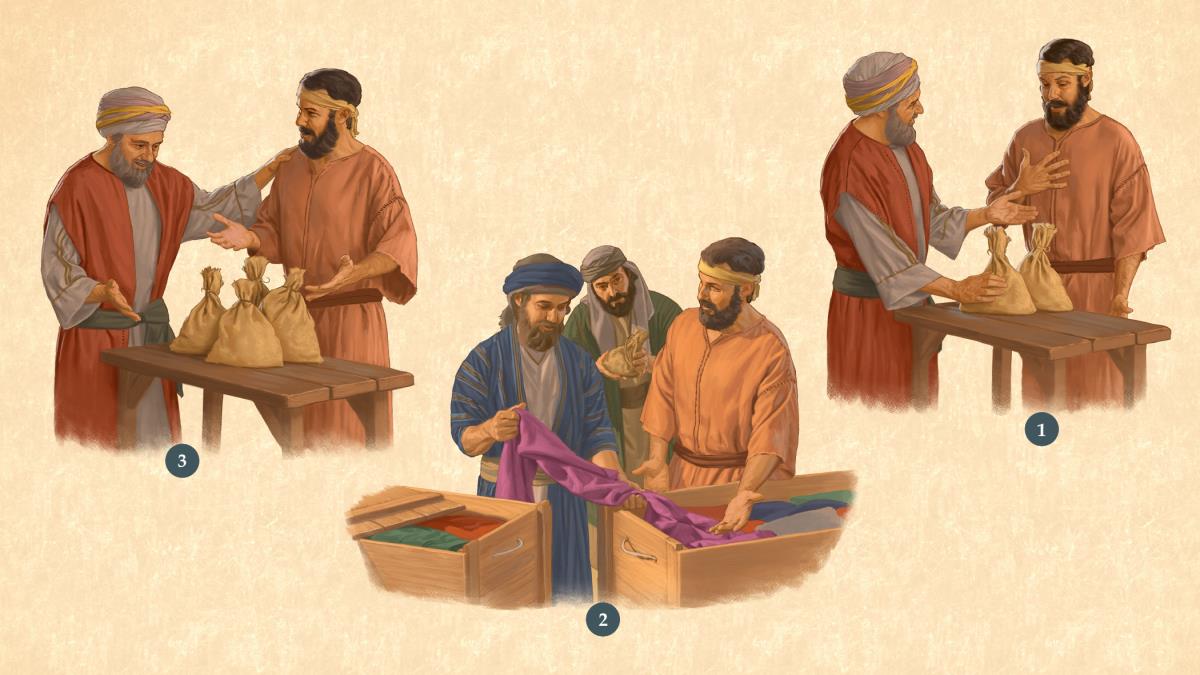 تصویروں کا مجموعہ:‏ 1.‏ ایک مالک اپنے ایک نوکر کو پیسے کی دو تھیلیاں دے رہا ہے۔ 2.‏ وہ نوکر کپڑوں کا کاروبار کرنے والے شخص سے لین‌دین کر رہا ہے۔ 3.‏ وہ نوکر اپنے مالک کے مال کو دُگنا کر کے اُسے دے رہا ہے۔‏