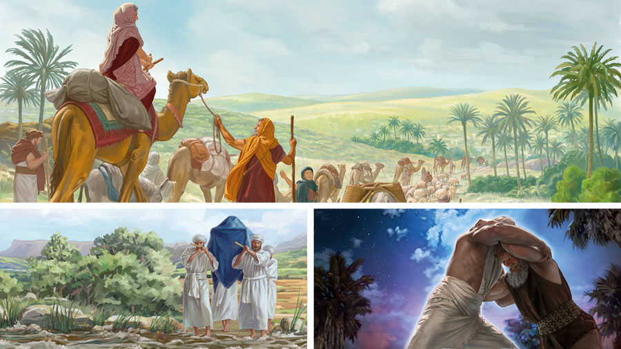 تصویروں کا مجموعہ:‏ 1.‏ سارہ اُونٹ پر سوار ہیں اور اُن کے ساتھ اُن کا گھرانہ ہے۔ 2.‏ یعقوب ایک فرشتے کے ساتھ کُشتی لڑ رہے ہیں۔ 3.‏ کاہن عہد کا صندوق اُٹھائے ہوئے دریائے‌اُردن پار کر رہے ہیں جو بہت تیزی سے بہہ رہا ہے۔‏