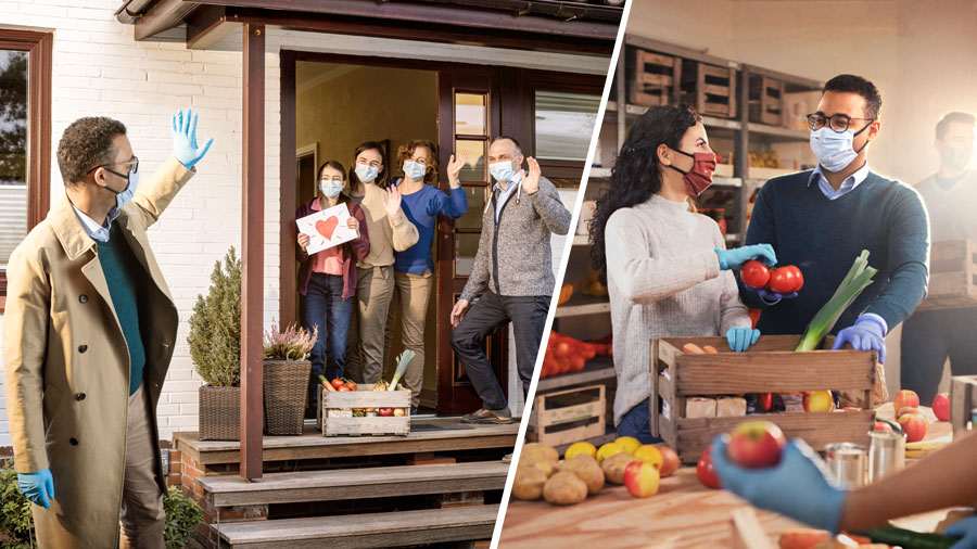 تصویروں کا مجموعہ:‏ 1.‏ بہن بھائی دوسرے بہن بھائیوں کے لیے کھانے پینے کی چیزیں تیار کر رہے ہیں۔ 2.‏ ایک بھائی ایک خاندان کے گھر جا کر اُنہیں وہ کھانے پینے کی چیزیں دے رہا ہے۔‏