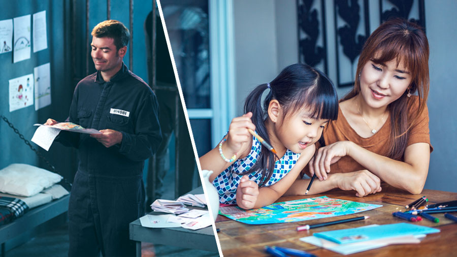 تصویروں کا مجموعہ:‏ 1.‏ ایک ماں اپنی بیٹی کی ایک تصویر بنانے میں مدد کر رہی ہے جسے بیٹی جیل میں قید ایک بھائی کا حوصلہ بڑھانے کے لیے بھیجنا چاہتی ہے۔ 2.‏ جیل میں بند وہ بھائی اُس بچی کی بنائی ہوئی تصویر کو دیکھ کر اور خط کو پڑھ کر مسکرا رہا ہے۔‏