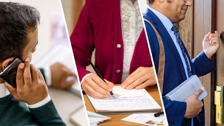 تصویروں کا مجموعہ:‏ بہنیں اور بھائی مُنادی کر رہے ہیں۔ 1.‏ ایک بھائی گھر گھر مُنادی کر رہا ہے۔ 2.‏ ایک بہن خط کے ذریعے گواہی دے رہی ہے۔ 3.‏ ایک بھائی فون پر گواہی دے رہا ہے۔‏