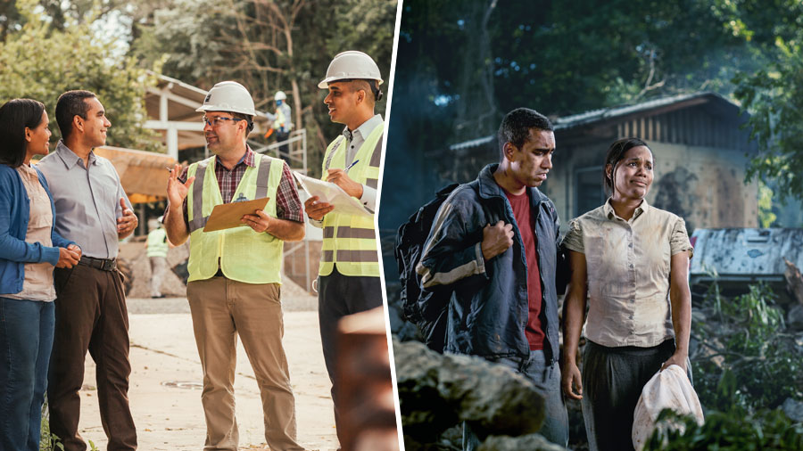 تصویروں کا مجموعہ:‏ 1.‏ ایک میاں بیوی کا گھر طوفان میں تباہ ہو گیا ہے اور وہ بہت پریشان دِکھائی دے رہے ہیں۔ 2.‏ بعد وہ دونوں اُن بھائیوں کے ساتھ بڑی خوشی سے بات‌چیت کر رہے ہیں جو اُن کے گھر کو دوبارہ سے تعمیر کرنے میں اُن کی مدد کر رہے ہیں۔‏