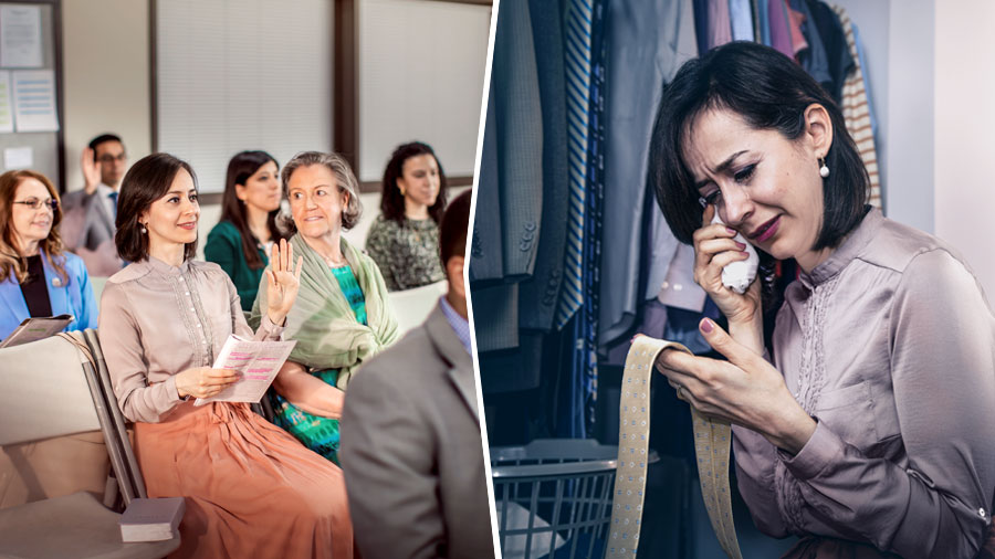 تصویروں کا مجموعہ:‏ 1.‏ ایک بہن اپنے شوہر کی ٹائی پکڑ کر رو رہی ہے جو فوت ہو گیا ہے۔ 2.‏ اُسی دن بعد میں وہ عبادت پر تبصرہ دینے کے لیے ہاتھ کھڑا کر رہی ہے۔‏