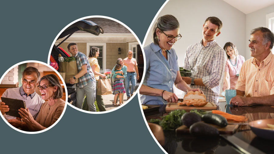 تصویروں کا مجموعہ:‏ 1.‏ ایک آدمی اپنے امی ابو سے ملنے آیا ہے اور کھانا تیار کرنے میں اُن کی مدد کر رہا ہے۔ 2.‏ وہ آدمی اپنی بیوی اور بیٹی کے ساتھ اپنے ماں باپ کے لیے ضرورت کی چیزیں لایا ہے۔ 3.‏ وہ ماں باپ اپنے بیٹے کے ساتھ ویڈیو کال پر بات‌چیت کر کے خوش ہو رہے ہیں۔‏