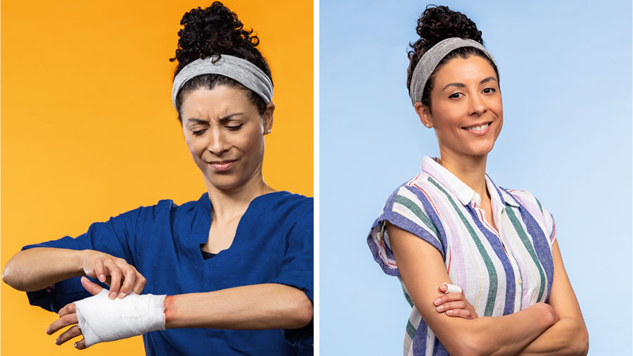 تصویروں کا مجموعہ:‏ 1.‏ ایک بہن کی اُنگلی پر پٹی لگی ہے لیکن وہ پھر بھی خوش نظر آ رہی ہے۔ 2.‏ ایک بہن کے ہاتھ پر پٹی لگی ہے اور وہ بیزاری سے اپنے زخم کو کرید رہی ہے۔‏