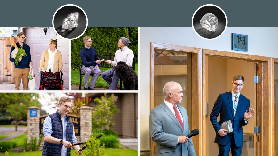 نیچے چھوٹی تصویر میں ایک بغیر تراشا ہوا ہیرا ہے۔ ایک جوان بھائی عبادت پر دیر سے آیا ہے اور اُس سے بڑی عمر کا ایک بھائی اُسے عجیب نظروں سے دیکھ رہا ہے۔ تصویروں کا مجموعہ:‏ نیچے چھوٹی تصویر میں تراشا ہوا ہیرا ہے۔ ایک جوان بھائی جو تین مختلف منظر میں ہے۔ 1.‏ وہ پارک میں ایک آدمی کو رابطے کا کارڈ دے رہا ہے۔ 2.‏ اُس نے ایک بوڑھی بہن کے لیے دُکان سے خریدی ہوئی چیزیں اُٹھائی ہیں۔ 3.‏ وہ یہوواہ کے گواہوں کی عبادت‌گاہ کی دیکھ‌بھال میں حصہ لے رہا ہے۔‏