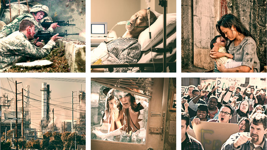 تصویروں کا مجموعہ:‏ اِنسانی حکومتوں کے حکمرانی کرنے کے نتائج:‏ 1.‏ ایک عورت گندی گلی میں بیٹھی ہے اور اُس کا بچہ گود میں رو رہا ہے۔ 2.‏ ایک بیمار بوڑھا شخص ہسپتال کے بستر پر ہے۔ 3.‏ فوجی جنگ کے میدان میں گولیاں چلا رہے ہیں۔ 4.‏ لوگ بڑے غصے سے ہاتھوں میں بینر پکڑے احتجاج کر رہے ہیں۔ 5.‏ ایک عورت اور اُس کی بیٹی گھر سے باہر کھڑے ہو کر دروازے کو دیکھ رہی ہیں جس کا شیشہ ٹوٹا ہوا ہے۔ 6.‏ ایک شہر فیکٹری کے دھوئیں سے اور کھمبوں پر لگی تاروں سے بھرا ہے۔‏