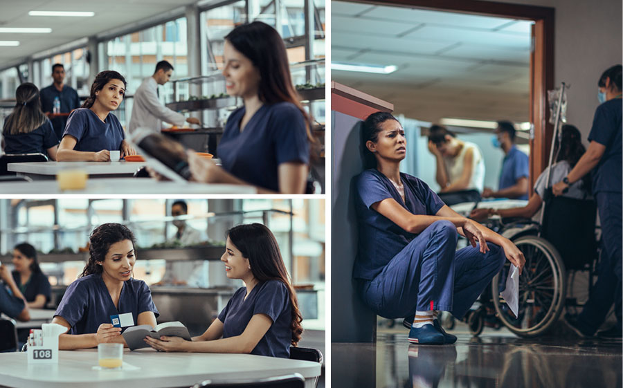 تصویروں کا مجموعہ:‏ 1.‏ ایک ہسپتال میں ایک نرس فرش پر تھکی ہاری بیٹھی ہے۔ 2.‏ وہ چائے کے وقفے کے دوران اپنے ساتھ کام کرنے والی ایک نرس کو دیکھ رہی ہے جو ایک رسالہ پڑھ رہی ہے اور بہت خوش نظر آ رہی ہے۔ 3.‏ وہ نرس اُسے بائبل سے ایک آیت پڑھ کر سنا رہی ہے اور اُسے ویب‌سائٹ jw.org کا کارڈ دے رہی ہے۔‏