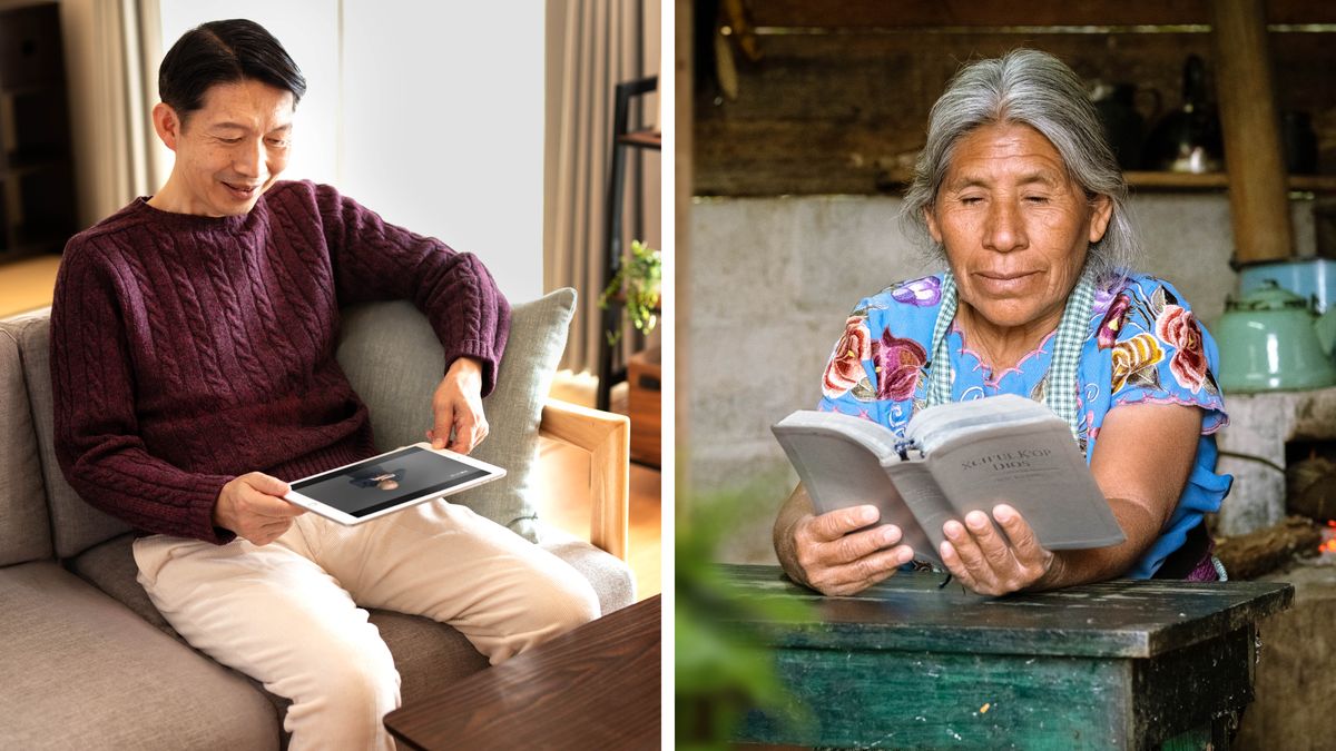 Ilustrassion: 1.  Un omo el doepera el so tablet par vardar vìdei in léngua de segnai. 2.  Una dona vècia la lede la Bìblia nela so léngua nte una casa sémplisse.