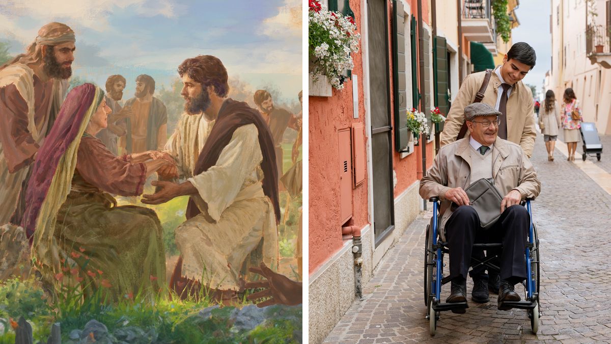 Ilustrassion: 1.  Gesù el dà consolo a una dona e el ghe parla con compassion. 2.  Un gióveno servo ministerial l’è nela predicassion con un fradel vècio che l’è in carega de rode.
