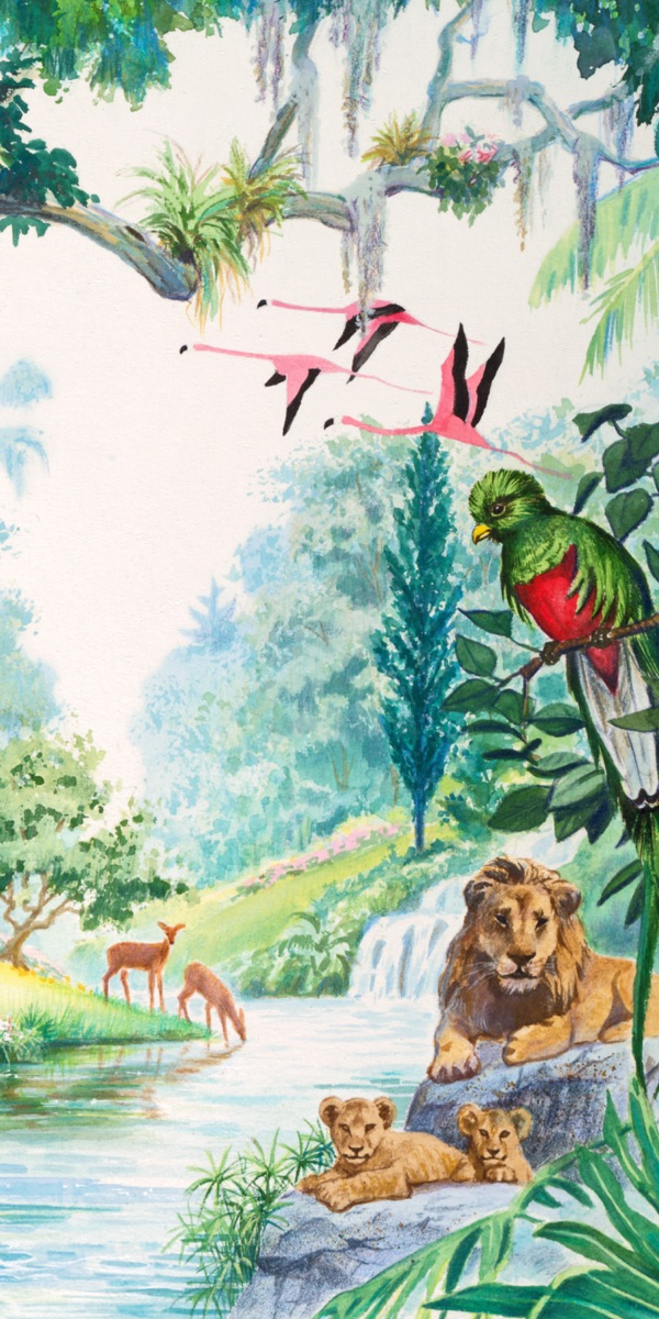 Sư tử, chim, hươu trong vườn Ê-đen