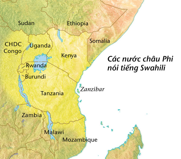 Bản đồ các nước châu Phi nơi người dân nói tiếng Swahili