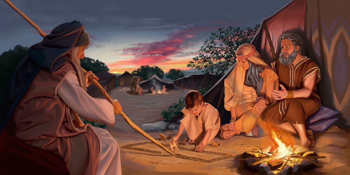 Một người đàn ông lớn tuổi trung thành sống trước thời Đấng Ki-tô nói chuyện với một gia đình có con nhỏ