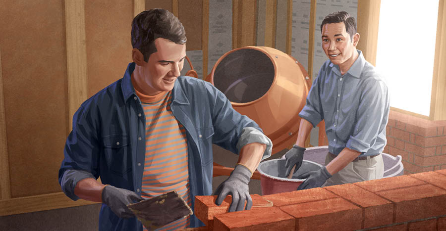 Anh trưởng lão giúp anh ấy xây lại ngôi nhà bị phá hủy.