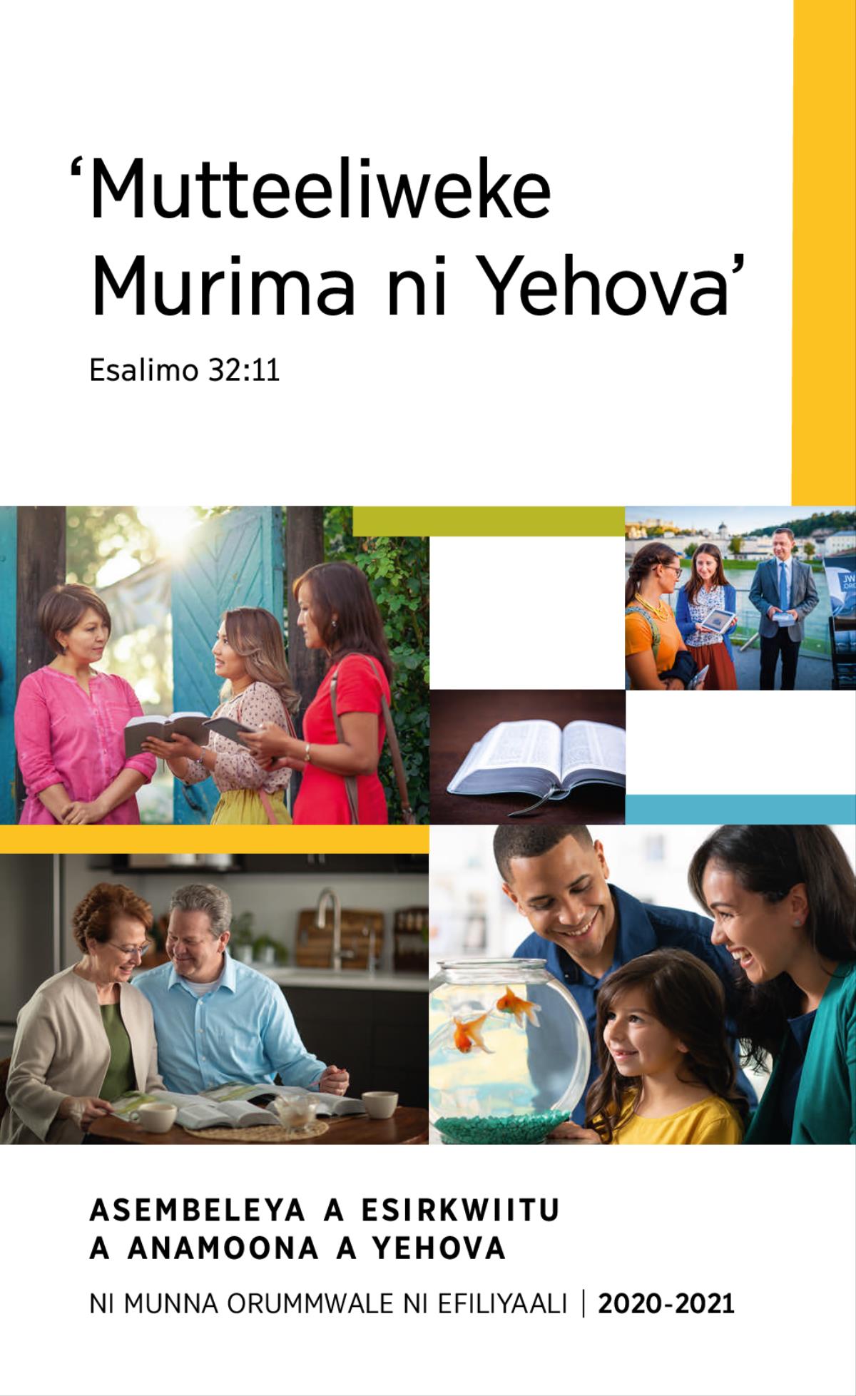 Collage: 1. Emusi yoohakalala ewehaka ihopa nvaasuni ya eviiduru. 2. Anamoona a Yehova anli emulaleeryaka muthiyana mmosa owannyawe. 3. Anamathelana amosa emusomaka Biibiliya erumeelaka iliivuru sa mutthenkeso ahu. 4. Biibiliya oohuleya. 5. Anamathelana emooniheryaka muthiyana mmosa eviidiyu enilavula voohimya sa Biibiliya, opuro onivira atthu anceene.
