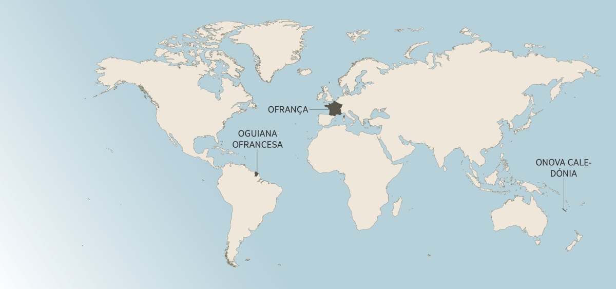 Maapha anooniherya oGuiana Francesa mpantta wa onorte wAmérica do Sul, oFrança mpantta wa Europa Ocidental ni oNova Caledónia, esisiro ya mpantta wa osuuli wAustrália.