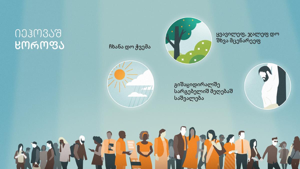 შხვადოშხვა წარმომავლობაშ დო ხანიშ ხალხ. კოლაჟი: იეჰოვაშ ჸოროფაშ მაგალითეფ. 1) ჩხანა დო ჭვემა. 2) ყვავილეფ, ჯალეფ დო შხვა მცენარეეფ. 3) გიშაჸიდირალშე სარგებელიშ მეღებაშ საშვალება.