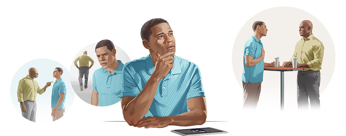 Kolaj: Seorang saudara berdamai dengan kawannya. 1. Seorang saudara bercakap dengan kasar kepadanya. 2. Dia fikir tentang apa yang dikatakan oleh kawannya. 3. Dia ingat kembali nasihat Bible tentang apa yang harus dilakukan jika seseorang menyinggung perasaan kita. 4. Dia mencari kawannya dan berdamai dengannya.