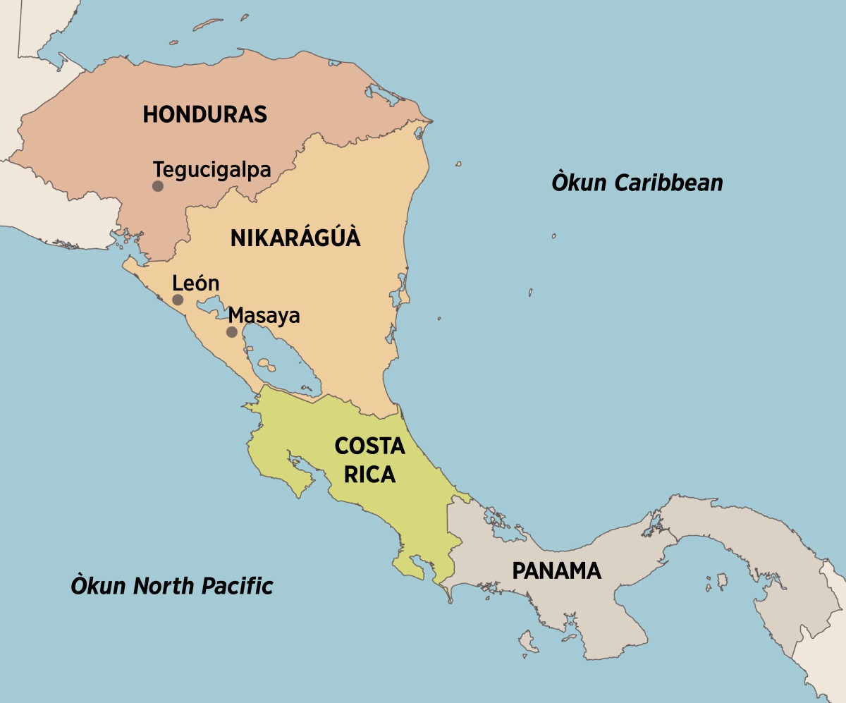 Àwòrán Central America. Àwọn ibi tí Elfriede ti ṣiṣẹ́ míṣọ́nnárì: Tegucigalpa, Honduras; León àti Masaya, Nikarágúà; Costa Rica; àti Panama.