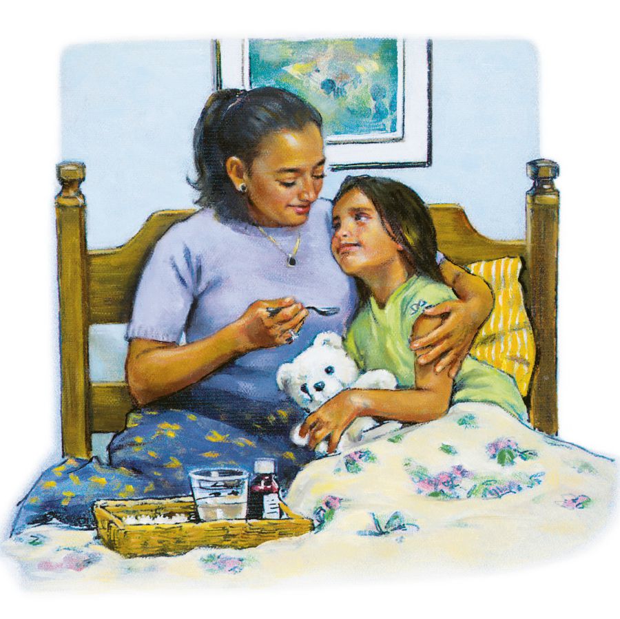 Ìyá kan di ọmọbìnrin rẹ̀ tó ń ṣàìsàn mú, ó ń fún un ní oògùn