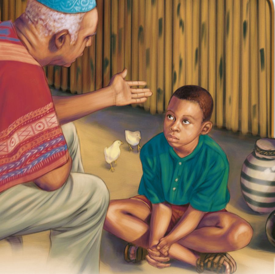 Ọmọkùnrin kan ń gbọ́ ohun tí bàbá àgbà kan ń sọ