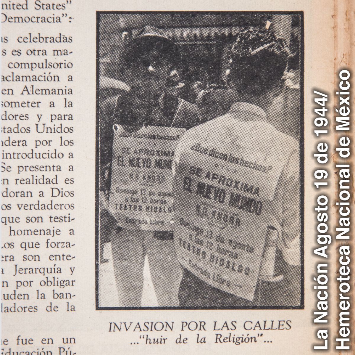 Fọ́tò àwọn Ẹlẹ́rìí tó gbé àkọlé kọ́rùn ní Mexico City nínú ìwé ìròyìn kan lọ́dún 1944